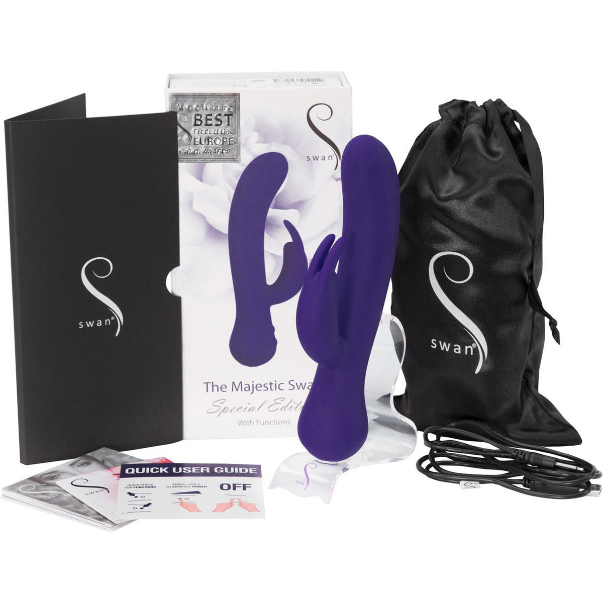 Majestic Swan Special Edition Rabbit Vibrator, pink and white, with ergonomic design and dual-motor stimulation.
